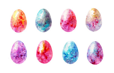 Happy Easter. Colored Easter eggs. Set of stylish eggs on a white background. Elements for creating greeting cards. Beautiful handmade watercolors.