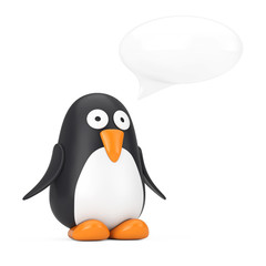 Cute Black and White Toy Cartoon Penguin with Speech Bubble. 3d Rendering