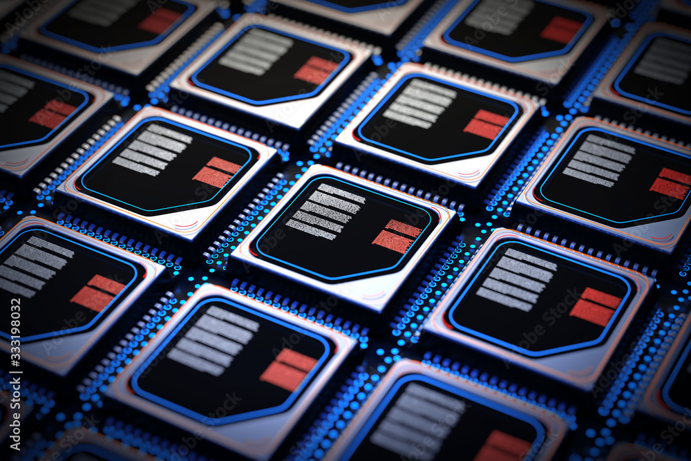 Poster Computer Server Concept. Silicone Wafer with Rows of Microchip CPU. 3d Rendering