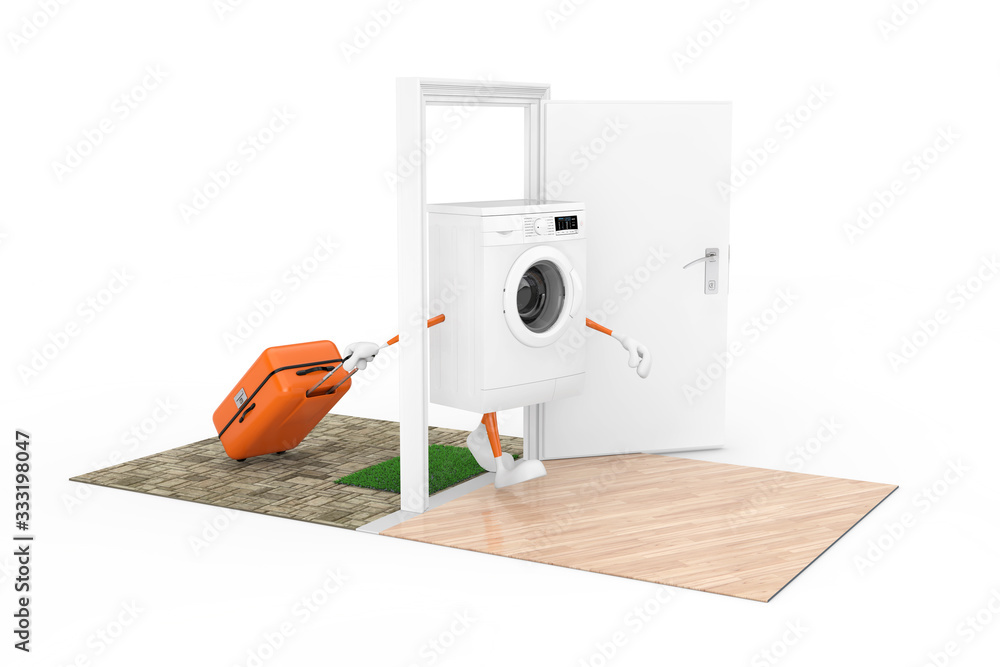 Poster buying home appliances concept. white modern washing machine as character person with a suitcase com