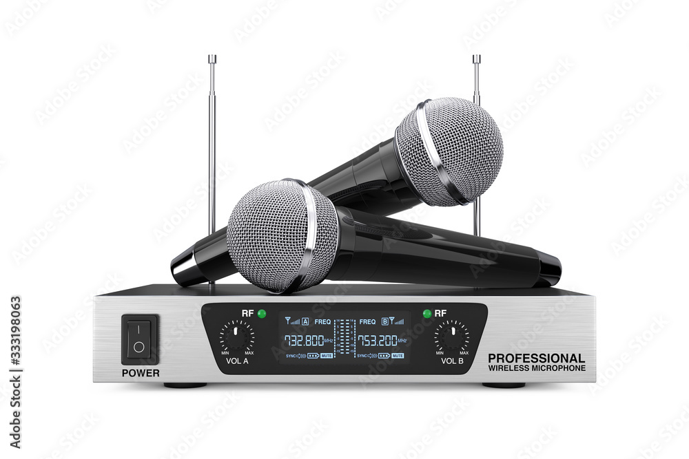 Poster cordless radio wireless microphones and transmitter system. 3d rendering