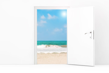 Travel Concept. Opened Office or Home Door with Access to the Beach and Ocean. 3d Rendering