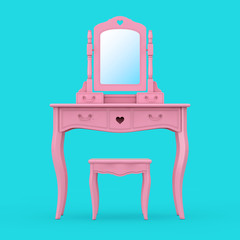 Antique Bedroom Vanity Pink Table with Stool and Mirror in Duotone Style. 3d Rendering