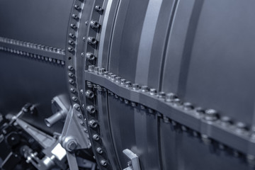 Turbine Engine. Aviation Technologies. Aircraft jet engine detail during maintenance. Blue toned.