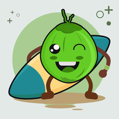 Coconut hold a surfing device cartoon vector illustration