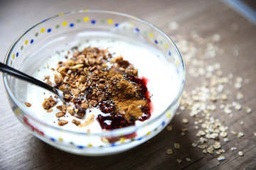 Healthy breakfast with milk and granola