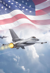 F-16 Fighting Falcon jets (models) fly through clouds with American flag