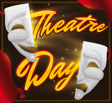 Masks with Magical Glows and Curtains Promoting Theatre Day, Vector Illustration