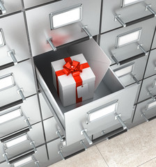 Archival storage locker. White box with a red bow, an envelope in a drawer. 3D illustration