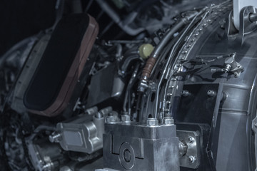Obraz premium Turbine Engine. Aviation Technologies. Aircraft jet engine detail during maintenance.