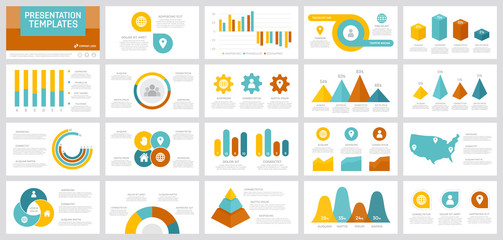 Set of yellow, blue, orange and turquoise elements for multipurpose presentation template slides with graphs and charts.