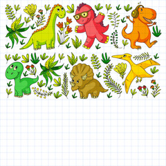 Pattern kids fabric, textile, nursery wallpaper. Vector illustration. Hand drawn dinosaurs, dino for little children.