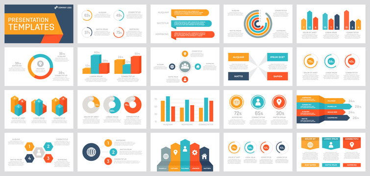 Set of grey, yellow, turquoise, orange and dark blue elements for multipurpose presentation template slides with graphs and charts.