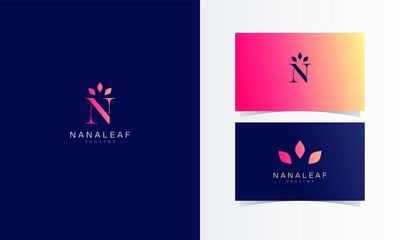 N Floral Leaf Logotype vector with business card template design for branding identity