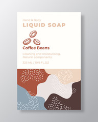 Fototapeta premium Liquid Soap Package Label Template. Abstract Shapes Camo Background Vector Cover. Cosmetics Packaging Design. Modern Typography and Hand Drawn Coffee Beans Sketch.