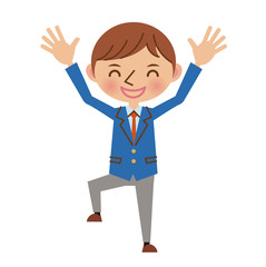 バンザイをするブレザー姿の男子中学生・高校生