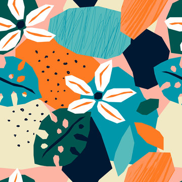 Trendy tropical paper cut collage with abstract floral elements, seamless pattern in flat design contemporary style, vector illustration © C Design Studio