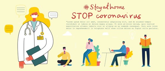 Stay at home. Stop coronavirus. People wearing protective medical mask for prevent virus Covid19 in the flat style