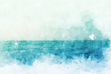 Abstract Colorful mountain peak and river on watercolor illustration painting background.