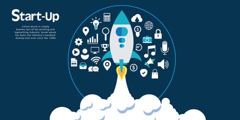 Startup vector concept, flat cartoon rocket or rocketship launch, mobile phone or smartphone, idea of successful business project start up