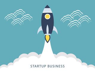 Flat design business startup launch concept, rocket icon. Vector illustration