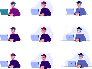 young man works at a computer vector