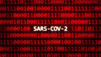SARS-COV-2 text on random binary code red screen 3D render
