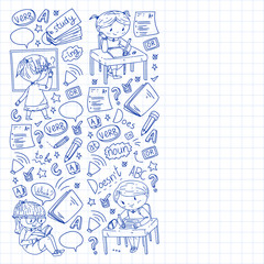 Online english school for children. Learn language. Education vector illustration. Kids drawing doodle style image.