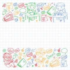 Online english school for children. Learn language. Education vector illustration. Kids drawing doodle style image.