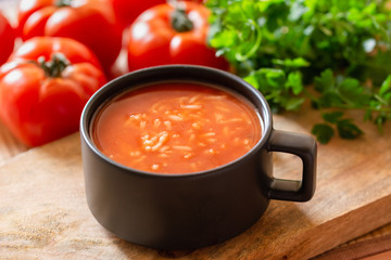 Tomato soup with rice in a dish