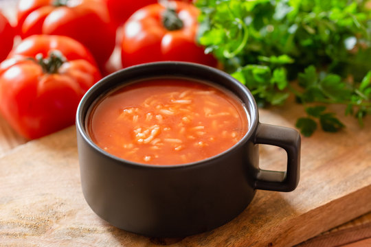 Tomato Soup With Rice In A Dish