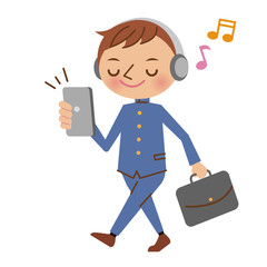 スマートフォンで音楽を聴きながら歩く男子中学生・高校生（学ラン）
