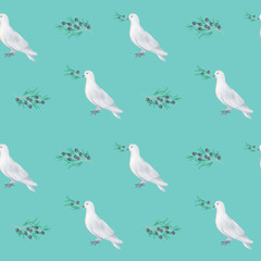 Hand drawn dove peace with olive branch and leaves seamless pattern Watercolor illustration on blue background