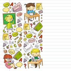 Online english school for children. Learn language. Education vector illustration. Kids drawing doodle style image.