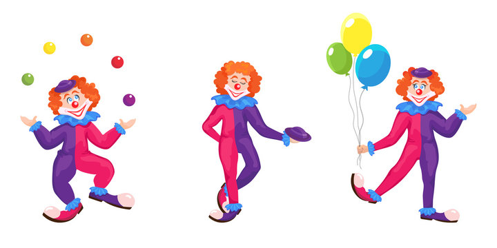 Set of clowns in different poses. Funny characters in cartoon style isolated on white background.