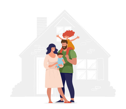 A happy family stands in the background of their new home. Concept illustration about sale, purchase, mortgage, realtor services, new life, family. Cartoon vector