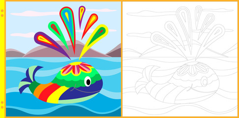 Fantastic whale in the sea. Vector illustration for antistress coloring book for children and adults. Page with black and white contour variant and with color drawing 