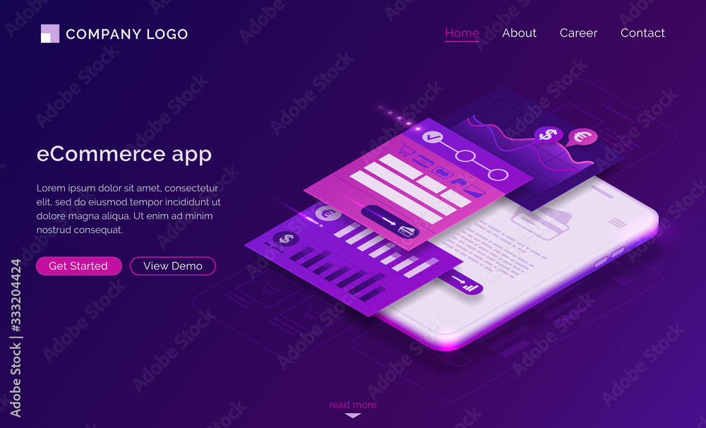 Poster ecommerce app banner. mobile payment concept. vector landing page of online shopping with isometric 