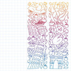 Italy. Order italian cuisine delivery, food online. Vector set of icons for restaurant, cafe, backgrounds. Coliseum, Rome, Pisa, Venice. Cheese and Pizza.