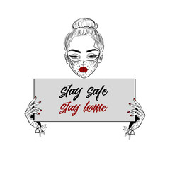 Woman in mask keeping banner stay home