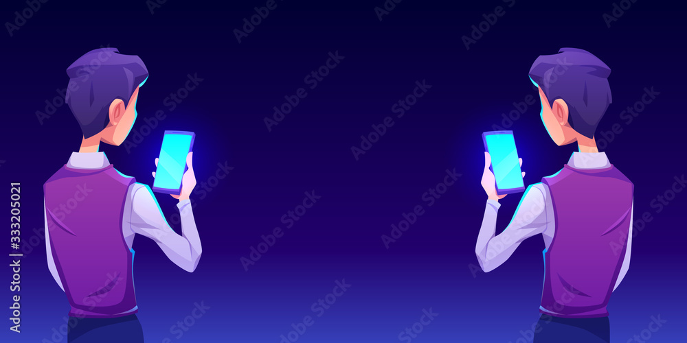 Aufkleber boy using smartphone app. man or guy hold in hand mobile phone with shiny blue screen back view. vec