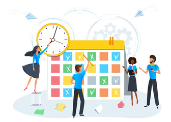 Busy business people planning a meeting with calendar schedule. Colleagues planning events and appointments using schedule. Tasks scheduling. Effective time management. Deadline - obrazy, fototapety, plakaty