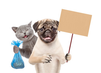 Kitten and puppy holds plastic bag and placard. Concept cleaning up dog droppings. isolated on white background