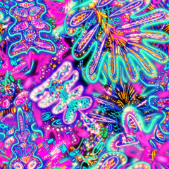 Bright glowing ornament. Tropical neon leaves are chaotically located. Ultraviolet curls and paisley. Dynamic petals in the wild. Ideal for printing on fabrics and paper, T-shirts, dresses.Neon tropic