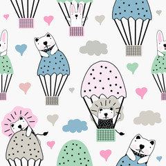Hand drawn vector illustration colorful pastel  seamless pattern cute cartoon little animals, balloons, cloud and heart for baby apparel, cloth texture, textile or decoration