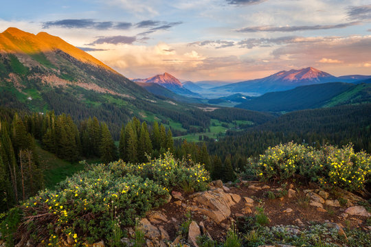 Sunset in the Crested Butte Mountains with Wildflowers in the summer