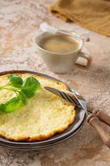 aromatic herbs, basil, basil leaf, beige background, bio, blur, breakfast table, brunch, cheese, coffee, coffee brewer, coffee cup, color image, cookery, copy space, egg, fit, frittata, greenery, heal