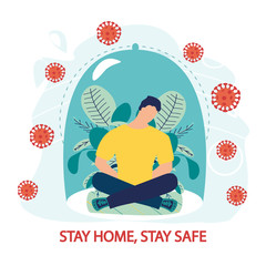 Coronavirus outbreak vector concept. A man sits in a meditation pose under a glass cap. Covid-19 virus in air. Staying home with self quarantine. Fear of getting sick. Flat vector illustration.