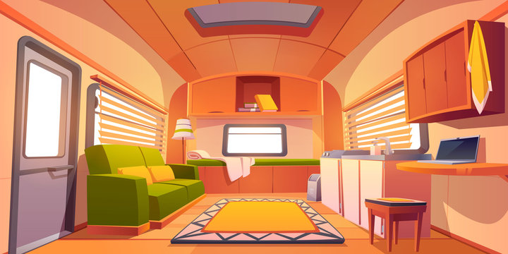 Camping Trailer Car Interior With Bed, Couch, Sink, Desk With Laptop, Bookshelf And Jalousie On Windows. Rv Motor Home Room Inside View, Cozy Place For Living And Sleeping, Cartoon Vector Illustration