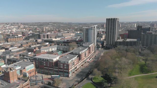 Drone shot of Cabot Circus & Broadmead - shopping / retail district of Bristol, UK